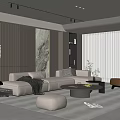 Modern Living Room Interior With Beige Sofa Round Coffee Table And Floor To Ceiling Windows