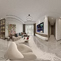 Modern Living Dining Room Interior With Large TV Sofa Dining Table And Pendant Lights