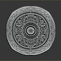 Ornate Metallic Cylindrical Container With Intricate Face Carvings And Decorative Patterns