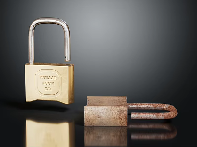 Door Handle With Brass Padlock And Rusty Lock On Black Reflective Surface 3d model