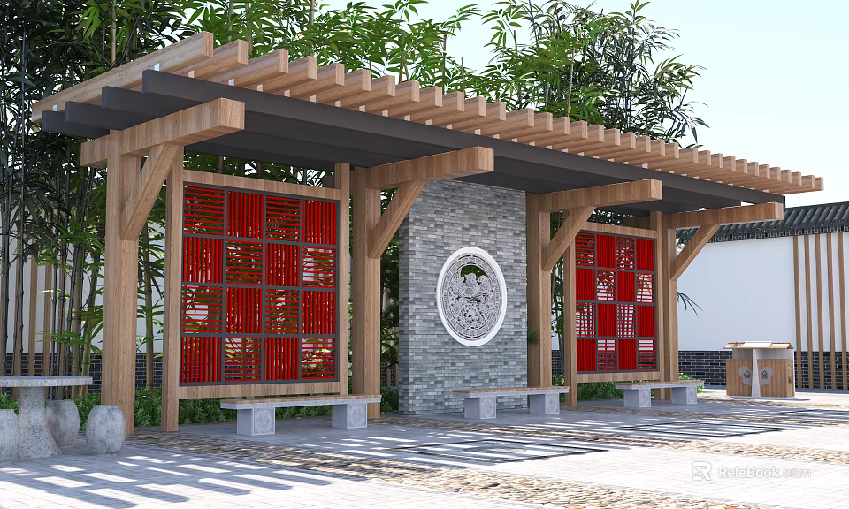 Traditional Chinese Station With Wooden Pergola Red Lattice Windows Stone Wall Circular Emblem And Benches 3d model 