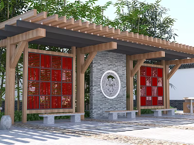 Traditional Chinese Station With Wooden Pergola Red Lattice Windows Stone Wall Circular Emblem And Benches 3d model
