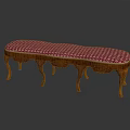 Elegant Classical Wooden Bench With Pink And White Checkered Upholstery And Ornate Carved Legs