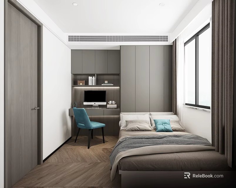Modern Tatami Bedroom Interior Design With Desk Computer Blue Chair And Grey Cabinets 3d model 