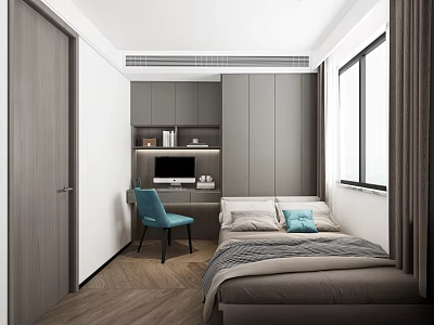 Modern Tatami Bedroom Interior Design With Desk Computer Blue Chair And Grey Cabinets 3d model