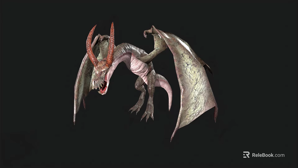 Mythical Flying Dragon With Red Horns Large Wings Sharp Claws Open Mouth On Black Background 3d model 
