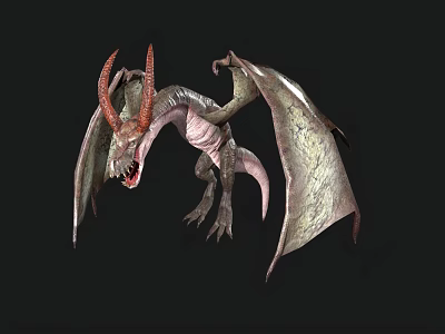Mythical Flying Dragon With Red Horns Large Wings Sharp Claws Open Mouth On Black Background 3d model