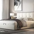 Modern White Double Bed With Upholstered Headboard Nightstands Table Lamps And Abstract Painting
