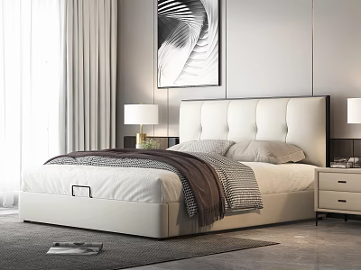 Modern White Double Bed With Upholstered Headboard Nightstands Table Lamps And Abstract Painting 3d model