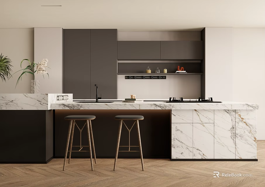 Modern Kitchen Interior With Marble Countertop Island And Wooden Bar Stools 3d model 