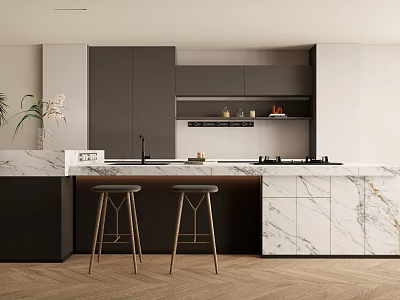 Modern Kitchen Interior With Marble Countertop Island And Wooden Bar Stools 3d model