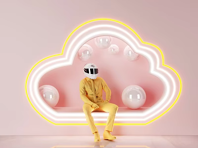 Yellow Jumpsuit Person With White Helmet Sitting By Cloud Shaped Neon Frame On Pink Background 3d model