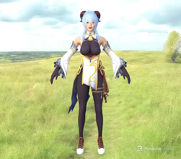 Woman In Black And White Outfit Standing On Green Grassland With Open Field Background 3d model 