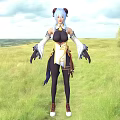 Woman In Black And White Outfit Standing On Green Grassland With Open Field Background