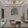 Elegant Light French Living And Dining Room Interior Design With Luxury Chandelier And Cozy Fireplace