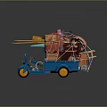Blue Tricycle Loaded With Red Bag Yellow Box Pink Tools Wooden Sticks And Bicycle Wheel