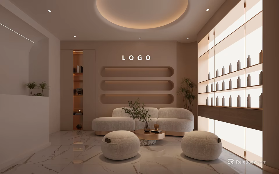 Hotel Public Lounge Area With Circular Ceiling Light White Sofas Marble Floor And Decorative Plants 3d model 