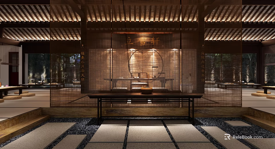 Traditional Serene Teahouse Interior Design With Wooden Furniture And Tea Sets 3d model 