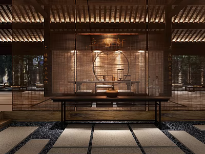 Traditional Serene Teahouse Interior Design With Wooden Furniture And Tea Sets 3d model