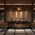 Traditional Serene Teahouse Interior Design With Wooden Furniture And Tea Sets