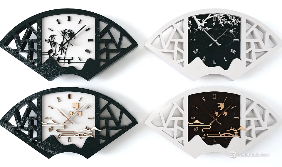 Unique Fan Shaped Clocks with Black White Traditional Patterns for Home Decor 3d model