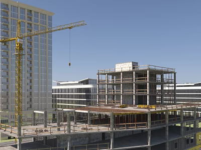 Modern Building Exterior Wall Under Construction With Steel Frame And Glass Curtain Panels 3d model