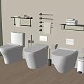Modern Toilets With Shelves Towels Toilet Paper Holders Trash Bin Wooden Flooring Light-Colored Walls