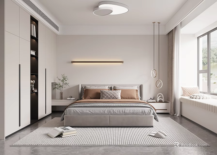 Modern Minimalist Bedroom Interior With Large Bed Wardrobe Area Rug And Soft Lighting 3d model 