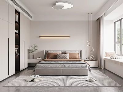 Modern Minimalist Bedroom Interior With Large Bed Wardrobe Area Rug And Soft Lighting 3d model