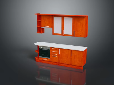 Orange Kitchen Cabinet Combination With Wall Mounted Cabinets Base Units Oven Drawers And White Countertop 3d model