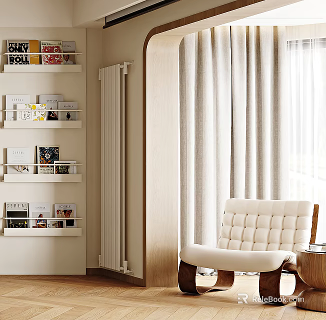 White Tufted Leisure Chair With Wooden Legs In Cozy Modern Room With Curtains And Bookshelves 3d model 