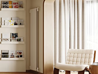 White Tufted Leisure Chair With Wooden Legs In Cozy Modern Room With Curtains And Bookshelves 3d model