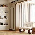 White Tufted Leisure Chair With Wooden Legs In Cozy Modern Room With Curtains And Bookshelves