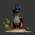 Vibrant Fantasy Creature With Purple Pink Body Green Eyes On Sandy Base With Small Cactus