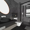 Modern Dark Bathroom With Circular Illuminated Mirror Black Basin Glass Shower And Toilet