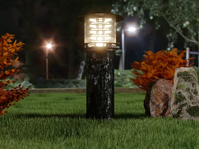 Solar Pillar Outdoor Light Illuminated On Lawn With Orange Shrubs And Stones At Night 3d model
