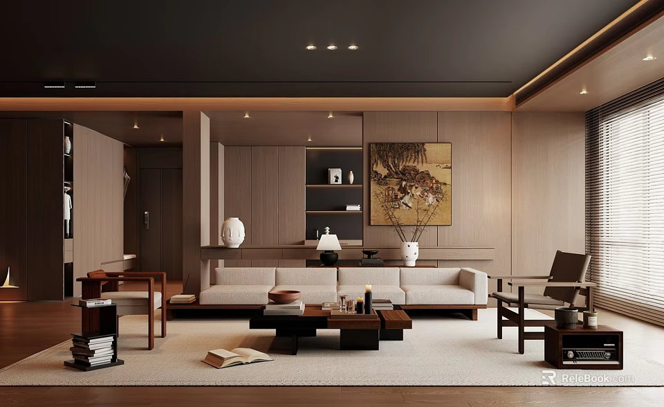 Modern Wooden Living Room Interior Design With Sofa Coffee Table And Decorative Painting 3d model 