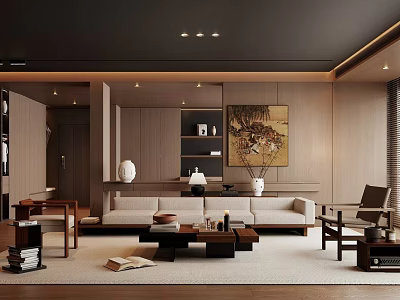 Modern Wooden Living Room Interior Design With Sofa Coffee Table And Decorative Painting 3d model