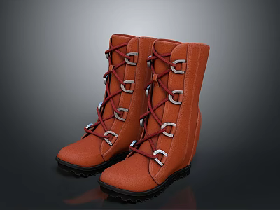 Stylish Orange Leather Boots With Laced Design Metal Buckles And Non Slip Sole 3d model