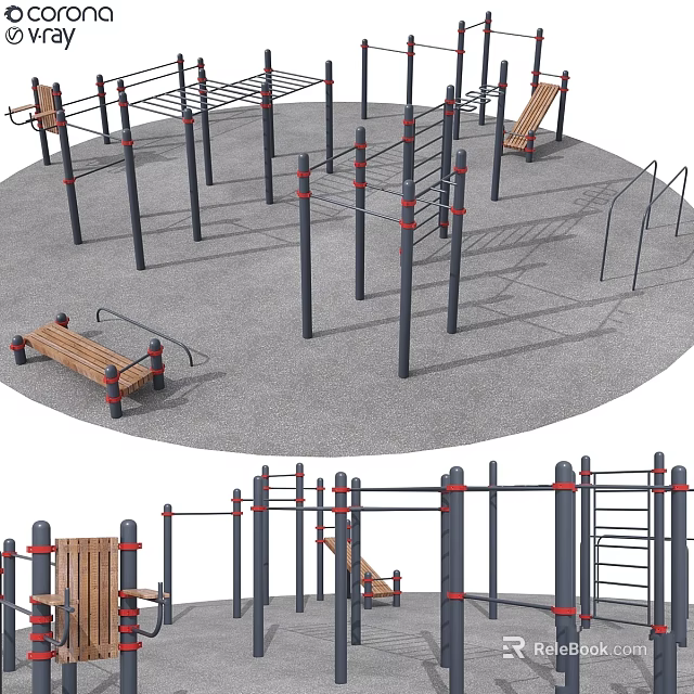 Outdoor Public Fitness Area With Climbing Frames Parallel Bars And Wooden Benches 3d model 