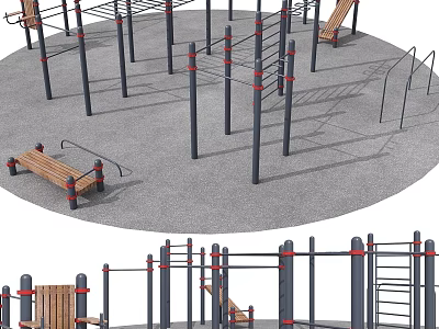 Outdoor Public Fitness Area With Climbing Frames Parallel Bars And Wooden Benches 3d model