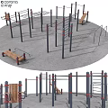 Outdoor Public Fitness Area With Climbing Frames Parallel Bars And Wooden Benches