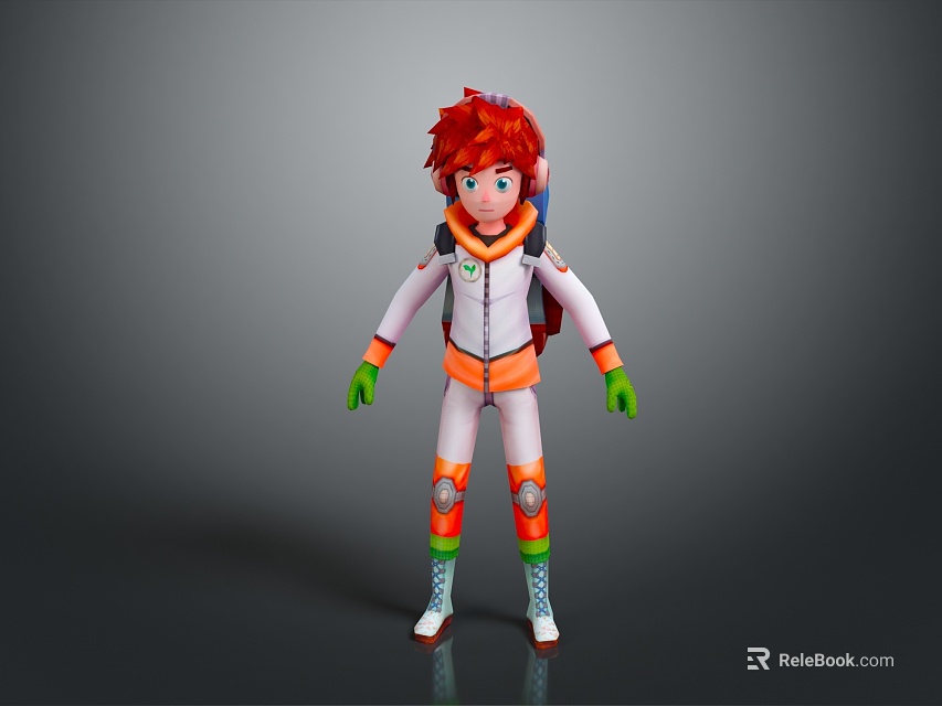 Man With Red Hair Wearing White And Orange Outfit Green Gloves And Backpack 3d model 