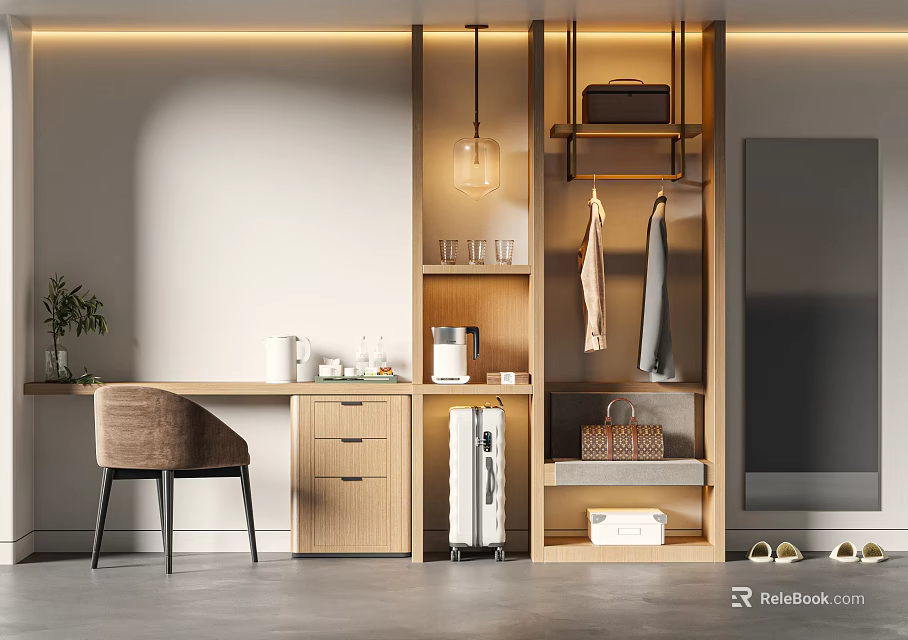 Modern Wooden Wardrobe With Hanging Clothes Area Drawers Shelves Table Chair And Pendant Light 3d model 