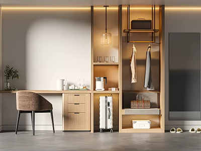 Modern Wooden Wardrobe With Hanging Clothes Area Drawers Shelves Table Chair And Pendant Light 3d model