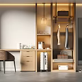 Modern Wooden Wardrobe With Hanging Clothes Area Drawers Shelves Table Chair And Pendant Light
