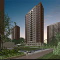 Modern High Rise Residential Building With Greenery Trees Lawn And Community Area