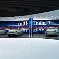 Modern Car Showroom With White Cars Mountain Mural Grassland And Flowers