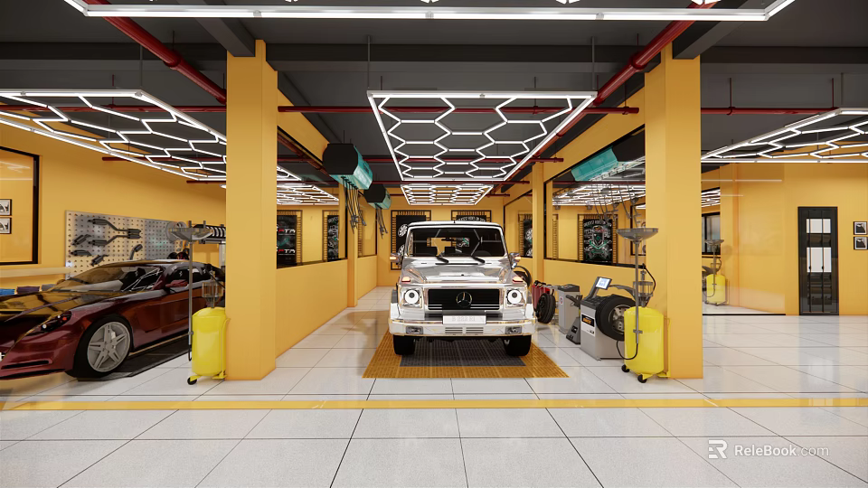 Professional 4S Auto Dealership Interior Featuring White Car Service Equipment Yellow Pillars And Modern Lighting 3d model 