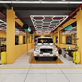 Professional 4S Auto Dealership Interior Featuring White Car Service Equipment Yellow Pillars And Modern Lighting